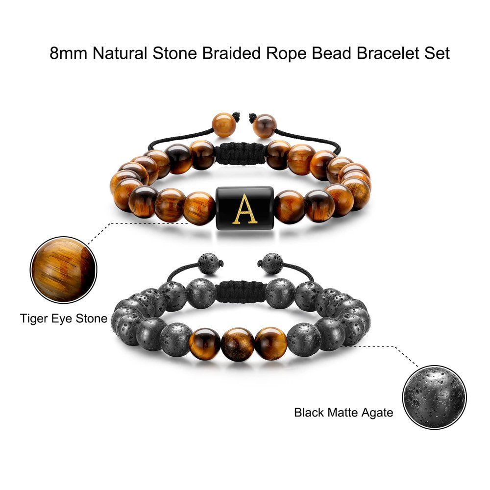 Professional Rewrite:
```Men's Bracelet Set featuring 8mm Tiger Eye and Lava Rock Stones with Initial Design`````