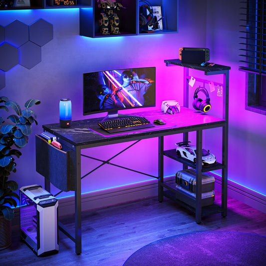 "Ultimate Gaming Desk: 44 Inch Reversible Computer Desk with LED Lights and Stylish Black Marble Finish, Includes 4 Tier Shelves"