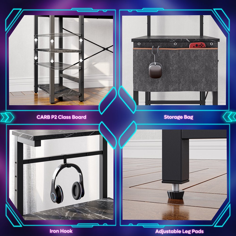 "Ultimate Gaming Desk: 44 Inch Reversible Computer Desk with LED Lights and Stylish Black Marble Finish, Includes 4 Tier Shelves"