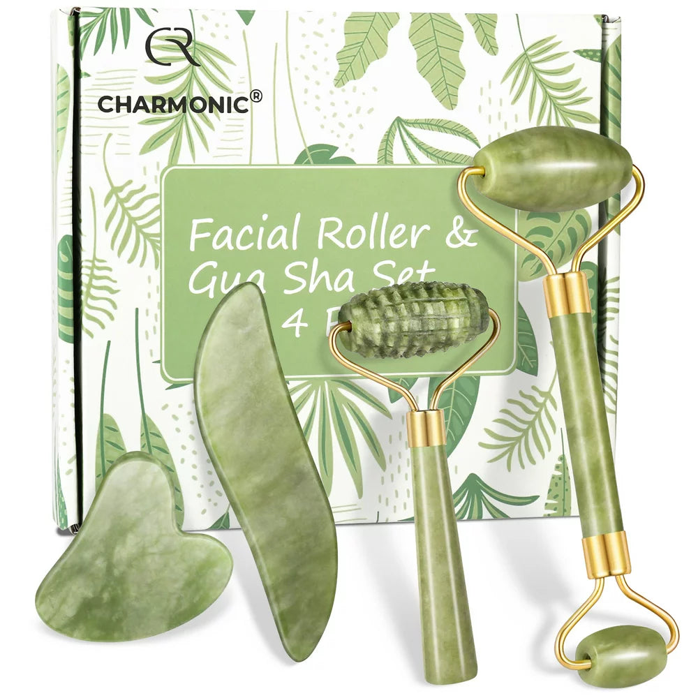 Professional title: "Facial Massage and Skincare Set: 4-Piece Jade Roller and Gua Sha Tools for Anti-Aging Beauty, Gentle Skin Care, Wrinkle Reduction, and Eye Puffiness"