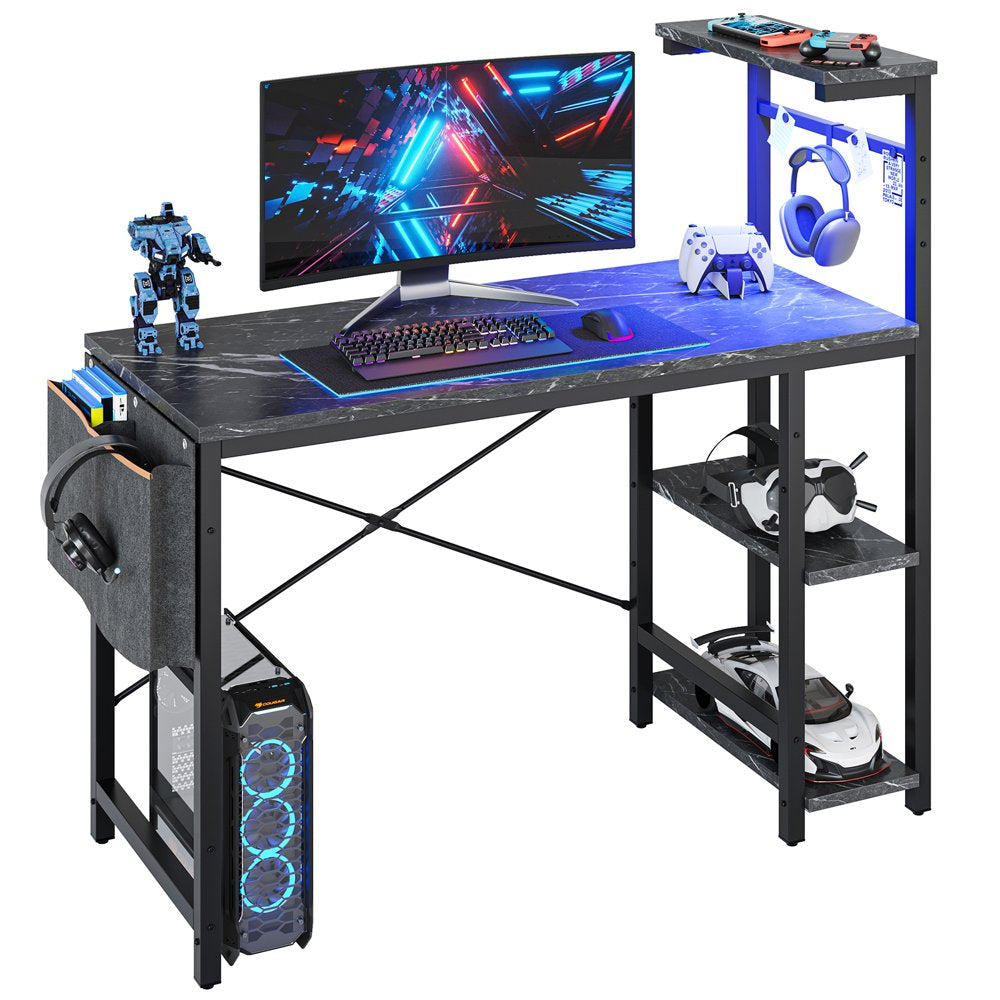 "Ultimate Gaming Desk: 44 Inch Reversible Computer Desk with LED Lights and Stylish Black Marble Finish, Includes 4 Tier Shelves"