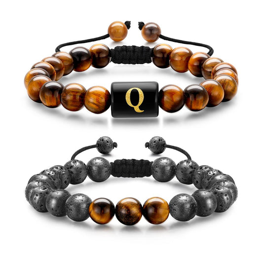 Professional Rewrite:
```Men's Bracelet Set featuring 8mm Tiger Eye and Lava Rock Stones with Initial Design`````