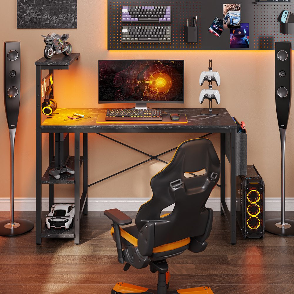 "Ultimate Gaming Desk: 44 Inch Reversible Computer Desk with LED Lights and Stylish Black Marble Finish, Includes 4 Tier Shelves"