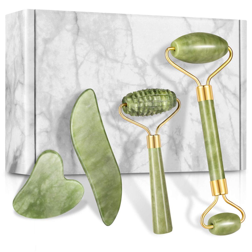 Professional title: "Facial Massage and Skincare Set: 4-Piece Jade Roller and Gua Sha Tools for Anti-Aging Beauty, Gentle Skin Care, Wrinkle Reduction, and Eye Puffiness"