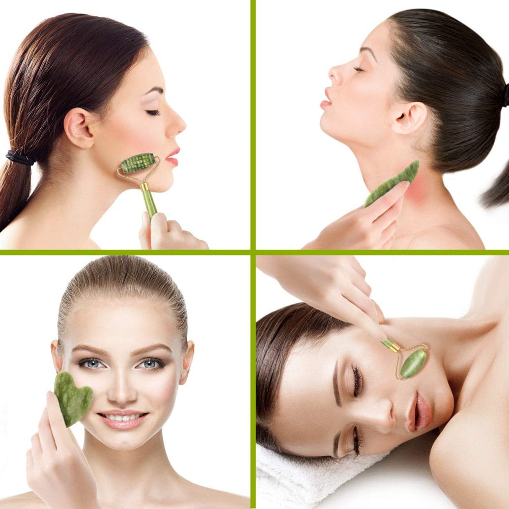 Professional title: "Facial Massage and Skincare Set: 4-Piece Jade Roller and Gua Sha Tools for Anti-Aging Beauty, Gentle Skin Care, Wrinkle Reduction, and Eye Puffiness"