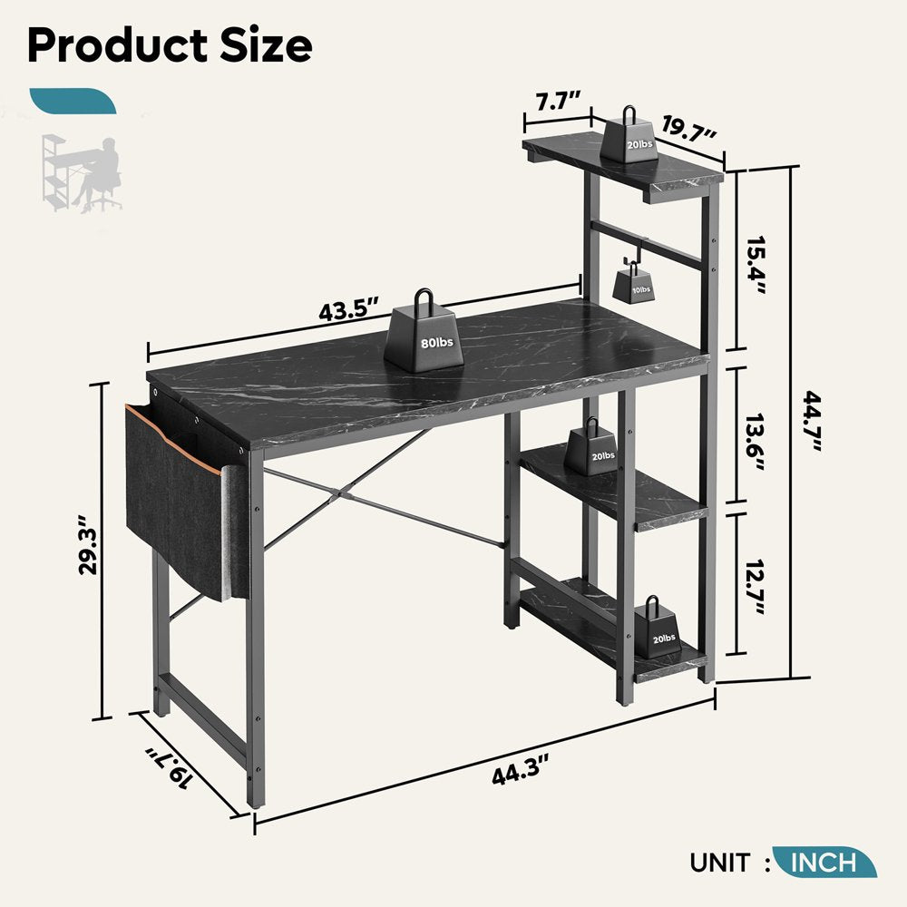 "Ultimate Gaming Desk: 44 Inch Reversible Computer Desk with LED Lights and Stylish Black Marble Finish, Includes 4 Tier Shelves"