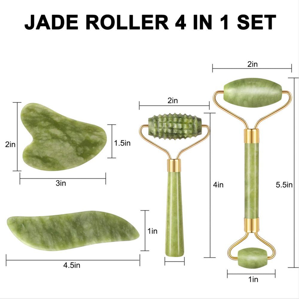 Professional title: "Facial Massage and Skincare Set: 4-Piece Jade Roller and Gua Sha Tools for Anti-Aging Beauty, Gentle Skin Care, Wrinkle Reduction, and Eye Puffiness"